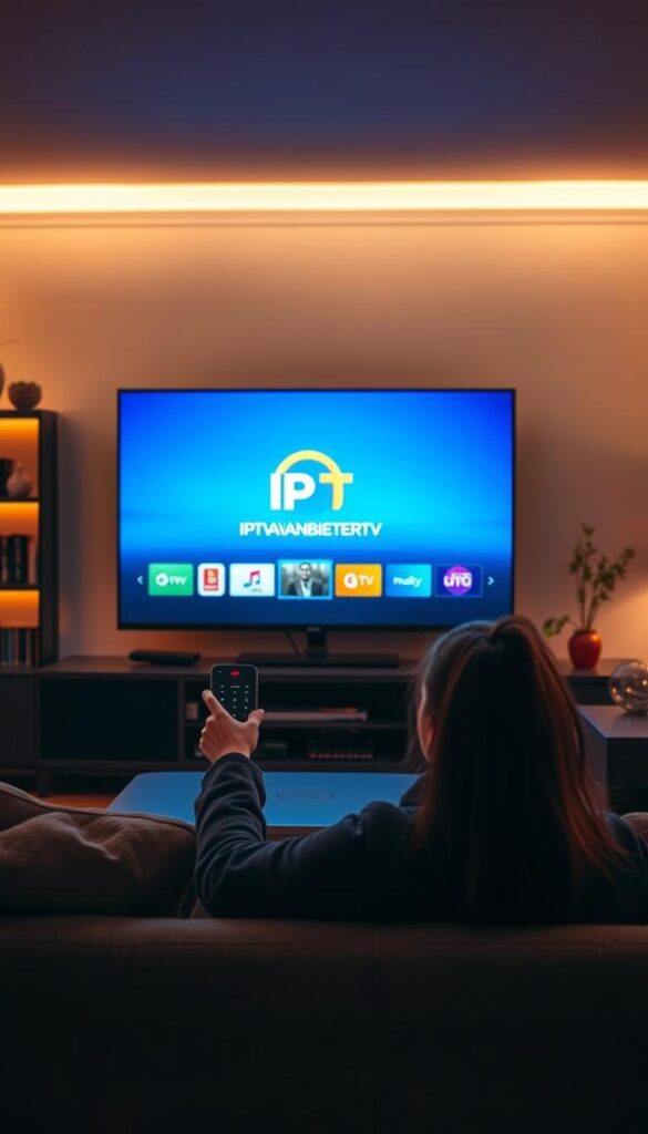 A serene living room setup, with a modern television displaying a crisp, clear IPTV interface. The room is bathed in warm, soft lighting, creating a cozy atmosphere. In the foreground, a person sits comfortably on a plush sofa, using a sleek remote control to navigate the IPTV menu. The background features subtle decor elements, such as a bookshelf and houseplants, suggesting a relaxed, homely environment. The television screen prominently displays the IPTVANBIETERTV logo, showcasing the service's capabilities even with a slower internet connection.