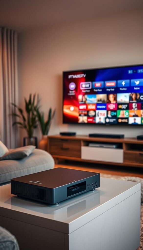 A serene living room setup, with a sleek IPTVANBIETERTV device prominently displayed on a modern entertainment center. Soft, warm lighting creates a cozy atmosphere, while the room is filled with natural textures and muted colors. In the background, a large flat-screen television displays a vibrant, high-definition streaming interface, showcasing the seamless IPTV experience. The overall composition emphasizes the ease and convenience of IPTV, inviting the viewer to imagine themselves effortlessly accessing a vast library of content from the comfort of their own home.