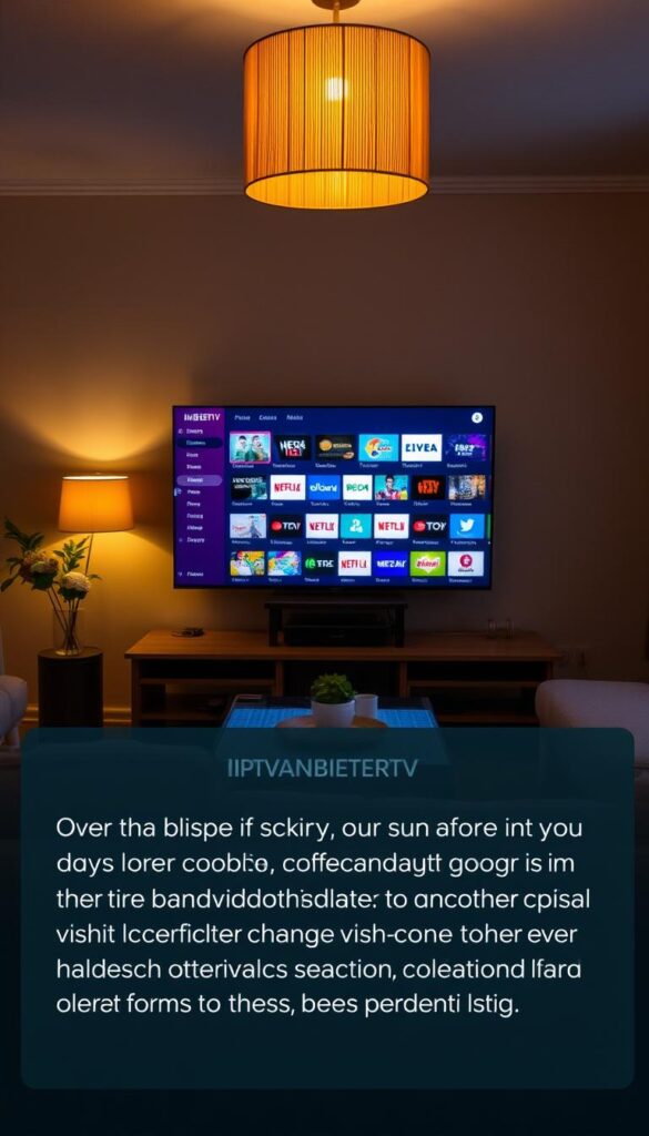 A serene living room with a cozy atmosphere, dimly lit by a warm, golden-hued lamp. In the center, a modern, sleek TV displays a diverse array of channels, showcasing the wide selection of programming available from the IPTVANBIETERTV service, despite the challenging low-bandwidth environment. The room is tastefully decorated, with neutral-toned furniture and subtle textures, creating a relaxing ambiance. The viewer's attention is drawn to the TV, highlighting the ability to enjoy a vast range of content even with a limited internet connection.