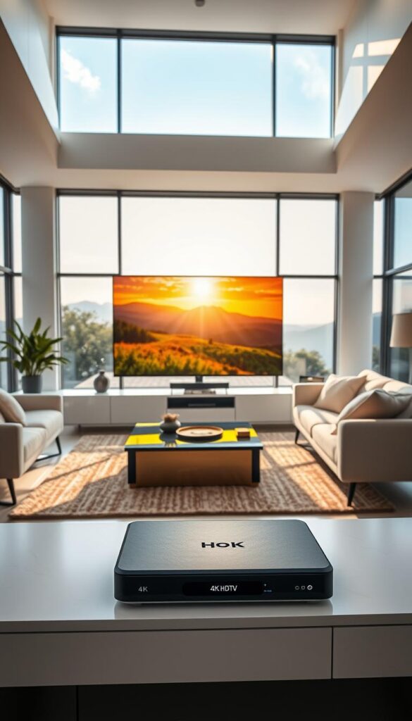 A serene living room with a large 4K HDTV displaying vibrant IPTV content. Sunlight filters through panoramic windows, casting a warm glow on the modern furniture. In the foreground, a sleek IPTVANBIETERTV set-top box rests on a minimalist entertainment unit, ready to deliver a seamless streaming experience. The room exudes a sense of comfort and technological sophistication, showcasing the advantages of IPTV over traditional TV services - superior picture quality, expanded content options, and user-friendly interfaces.