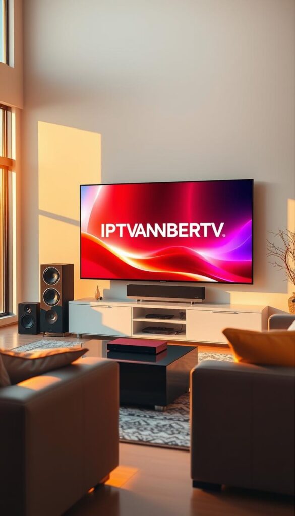 A serene living room with a large TV screen displaying a vibrant, buffer-free IPTV experience. The screen showcases the IPTVANBIETERTV brand, surrounded by sleek home entertainment setup - a modern sound system, ambient lighting, and comfortable furniture creating a cozy atmosphere. The room is bathed in warm, natural lighting, with sunlight streaming through large windows, highlighting the high-quality IPTV service. The overall scene conveys a sense of uninterrupted entertainment and the convenience of IPTV without any buffering issues.