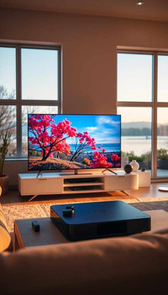 A serene living room with a large flat-screen TV displaying crystal-clear, uninterrupted IPTV content. The room is bathed in warm, soft lighting, creating a cozy, comfortable atmosphere. In the foreground, a sleek, modern IPTVANBIETERTV media box sits atop a minimalist entertainment unit. The TV screen shows vibrant, high-definition video without any buffering or interruptions, immersing the viewer in the content. The background features large windows overlooking a tranquil outdoor scene, further enhancing the sense of relaxation and enjoyment.