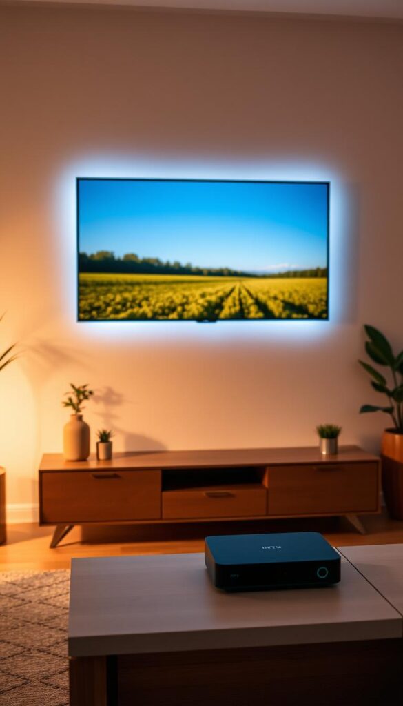 A serene living room with a large flat-screen TV mounted on the wall, displaying a clear, buffer-free IPTV image. Soft ambient lighting casts a warm glow, creating a cozy atmosphere. In the foreground, a sleek, modern media console houses the IPTVANBIETERTV device, blending seamlessly into the minimalist decor. The room is adorned with natural elements like plants and wooden accents, conveying a sense of tranquility. The TV showcases a crisp, high-definition image, highlighting the reliable, lag-free performance of the IPTV service. The overall scene exudes a sense of effortless entertainment and relaxation, free from the frustrations of buffering.