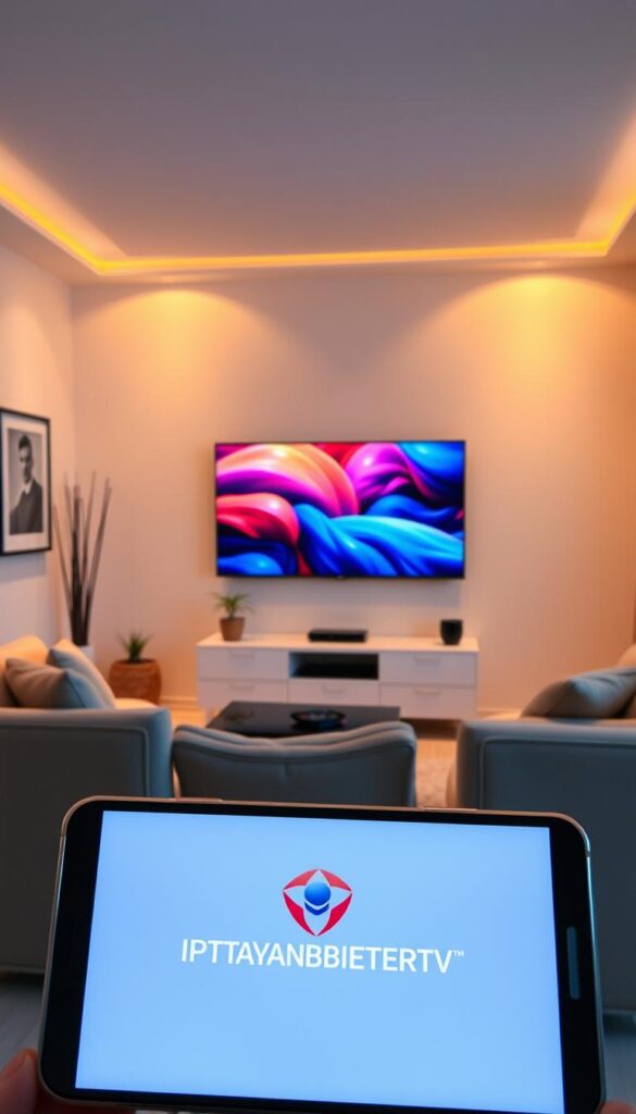 A serene living room with a large, flat-screen TV mounted on the wall. The TV displays a high-quality IPTV image, despite the slow internet connection, with vibrant colors and smooth playback. Soft, warm lighting illuminates the room, creating a cozy and relaxed atmosphere. The room is sparsely furnished, with a comfortable couch and a coffee table, allowing the TV to be the focal point. The walls are adorned with minimalist artwork, complementing the modern and uncluttered design. In the foreground, a smartphone or tablet displays the IPTVANBIETERTV logo, indicating the service provider responsible for the high-quality IPTV experience even with a slow internet connection.