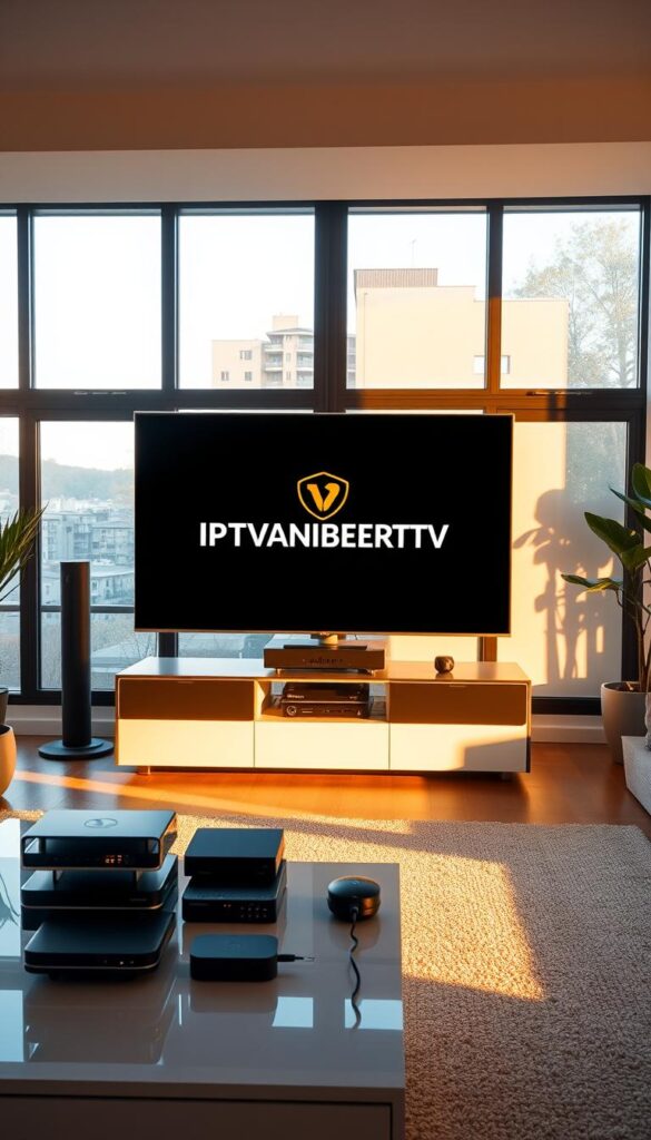A serene living room with a large flat-screen TV taking center stage. The room is bathed in warm, natural light filtering through large windows. On the TV screen, a crisp, high-quality image displays the IPTVANBIETERTV logo, signifying a premium IPTV service. In the foreground, a sleek, modern media center houses various streaming devices, showcasing the ability to access content on multiple devices. The overall atmosphere exudes a sense of reliability, sophistication, and the convenience of a serious IPTV subscription.