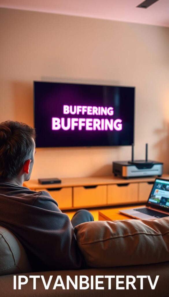 A serene living room with a large flat-screen television mounted on the wall. The room is bathed in warm, soft lighting, creating a cozy and inviting atmosphere. In the foreground, a person is sitting on a comfortable couch, intently watching the TV. However, the screen displays a prominent "BUFFERING" message, indicating an interruption in the video streaming. The person's expression conveys a sense of frustration and annoyance. In the background, a laptop and router are visible, symbolizing the IPTV setup. The prompt should include the text "IPTVANBIETERTV" to reflect the IPTV service provider. Prompt A cozy living room with a large flat-screen TV mounted on the wall, warm lighting illuminating the space. In the foreground, a person sitting on a plush couch, their expression frustrated as the TV screen displays a prominent "BUFFERING" message, interrupting their viewing experience. In the background, a laptop and router symbolize the IPTV setup from IPTVANBIETERTV.