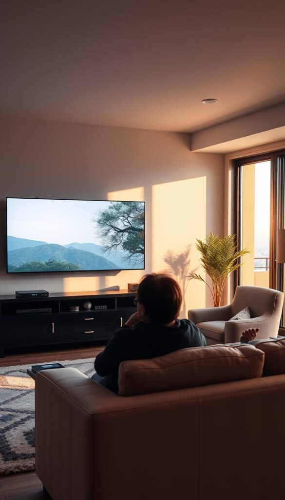 A serene living room with a large flat-screen television mounted on the wall. The room is bathed in warm, natural lighting, creating a cozy and inviting atmosphere. A sleek, modern entertainment center stands in the foreground, housing various streaming devices, including the IPTVANBIETERTV brand. The middle ground features comfortable seating, such as a plush sofa and armchair, where a person is engrossed in seamless, low-latency IPTV streaming, enjoying the content without any noticeable delays. The background showcases a panoramic window, providing a scenic view of a tranquil outdoor setting, further enhancing the relaxing ambiance.
