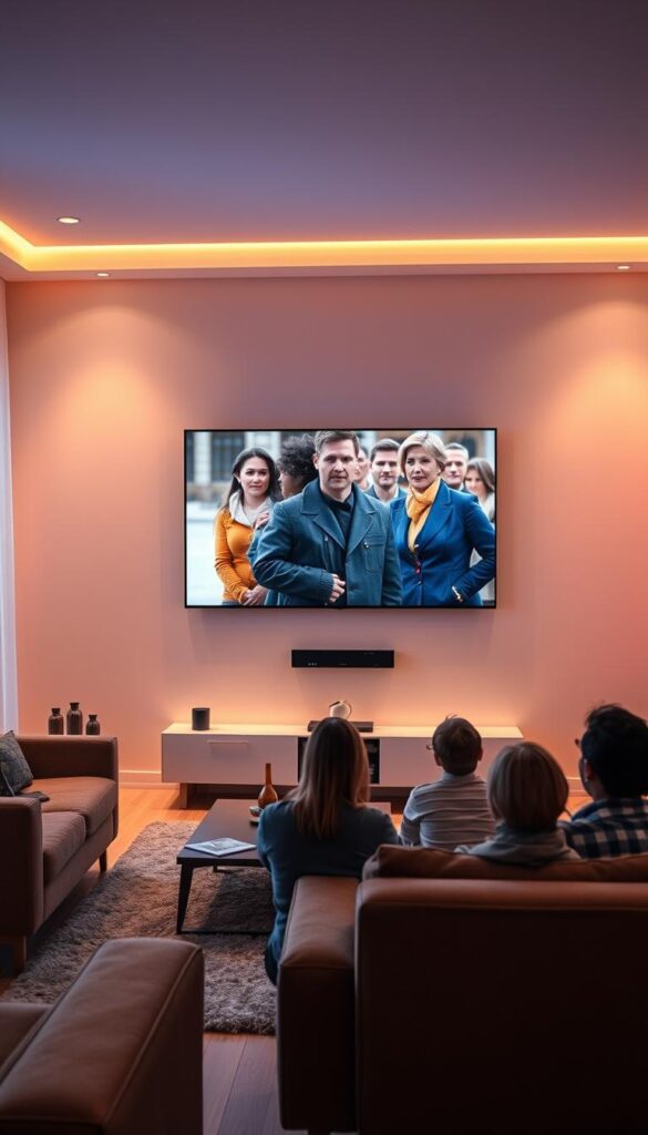 A serene living room with a large modern TV, showcasing the IPTVANBIETERTV brand. The room is bathed in warm, ambient lighting, creating a cozy and inviting atmosphere. The TV displays a vibrant, high-quality image of a popular German drama series, capturing the attention of a group of friends or family relaxing on comfortable sofas. The overall scene conveys the convenience and cost-effectiveness of IPTV for German TV viewers, allowing them to enjoy their favorite shows without the burden of traditional cable or satellite fees.