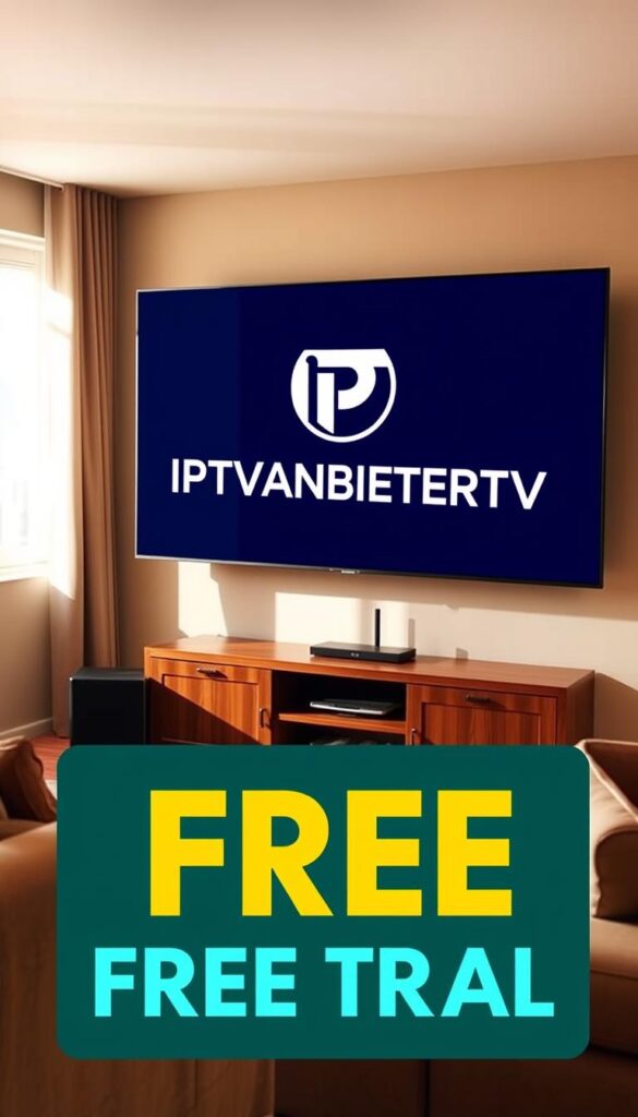 A serene living room with a modern TV displaying the IPTVANBIETERTV logo, showcasing a free trial of their IPTV service. The room is bathed in warm, natural lighting, with a comfortable couch and a small side table. The TV is the focal point, capturing the viewer's attention. The overall atmosphere is inviting and relaxed, conveying the idea of a hassle-free IPTV experience during the free trial period. The image should evoke a sense of excitement and anticipation for the viewer to explore the IPTV service further.