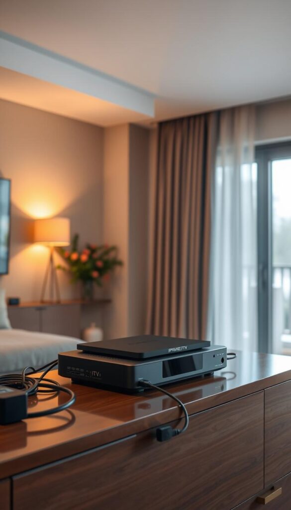 A serene living room with a modern, minimalist design. Warm, diffused lighting from a large window illuminates the space, casting a cozy glow. In the center, a sleek, high-end IPTV streaming device branded "IPTVANBIETERTV" sits atop a polished wooden media console. Various cables and connections are neatly organized, hinting at the optimization and stability of the IPTV setup. The room's atmosphere is one of tranquility and technological sophistication, inviting the viewer to envision themselves enjoying seamless, uninterrupted IPTV streaming.