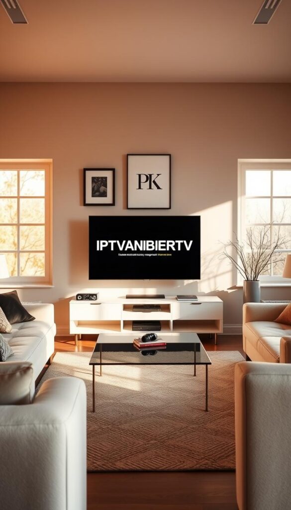 A serene living room with a sleek, modern TV displaying the IPTVANBIETERTV brand name. The room is bathed in warm, natural lighting from large windows, creating a cozy and inviting atmosphere. The TV is the focal point, surrounded by minimalist furniture and decor, conveying a sense of sophistication and legality. The walls are adorned with framed art, adding depth and visual interest to the scene. The overall composition exudes a professional, trustworthy vibe, reflecting the importance of legal IPTV services in Deutschland.