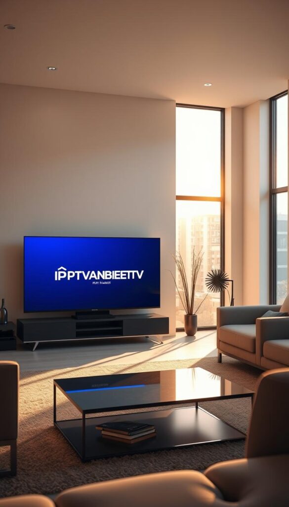 A serene living room with a sleek, modern television set prominently displayed. The TV screen shows the IPTVANBIETERTV brand logo, indicating a high-quality IPTV service. Soft, warm lighting illuminates the space, creating a cozy and inviting atmosphere. The room is decorated with minimal, contemporary furnishings, allowing the television to be the focal point. Sunlight streams in through large windows, casting a gentle glow over the scene. The overall impression is one of sophistication, reliability, and a seamless home entertainment experience.