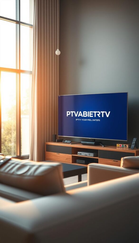 A serene living room with a sleek smart TV displaying the IPTVANBIETERTV brand logo. The TV is surrounded by various streaming devices and remote controls, suggesting the versatility of the IPTV service. The room is bathed in warm, natural light filtering through large windows, creating a welcoming and inviting atmosphere. In the foreground, a comfortable sofa and chairs invite the viewer to sit and enjoy the IPTV experience. The overall scene conveys a sense of modern, high-quality home entertainment with the flexibility of IPTV and the assurance of a hassle-free return policy.
