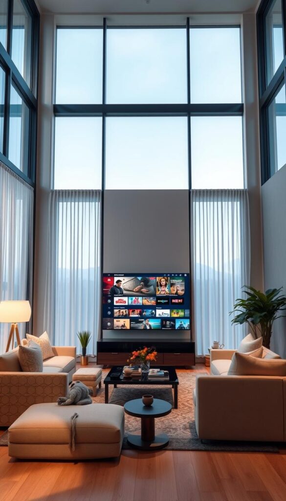 A serene living room with floor-to-ceiling windows, bathed in soft natural light. A large 4K smart TV dominates the center, displaying vibrant, crystal-clear IPTVANBIETERTV content. The room is tastefully decorated, with plush seating and subtle accent pieces that complement the high-end aesthetic. The lighting is carefully calibrated, creating a warm, inviting atmosphere perfect for immersive streaming. The overall scene conveys a sense of relaxation and technological sophistication, hinting at the seamless streaming experience IPTVANBIETERTV provides.