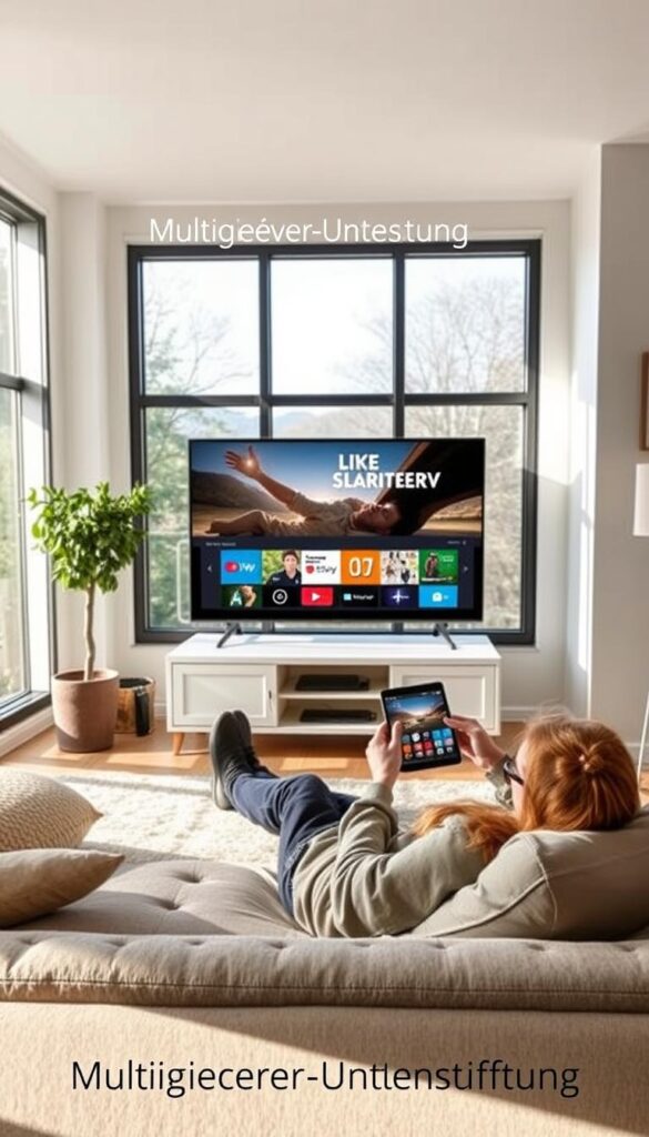 A serene living room with large windows, allowing natural light to stream in. Multiple devices, including a smart TV, tablet, and smartphone, are seamlessly connected, showcasing the IPTVANBIETERTV's multi-device support. The room has a cozy, modern decor, with plush furniture and a minimalist aesthetic. In the foreground, a person comfortably lounges, effortlessly switching between devices, immersed in their favorite content. The overall atmosphere conveys a sense of flexibility and convenience, reflecting the "Multigeräte-Unterstützung" (multi-device support) feature highlighted in the article.