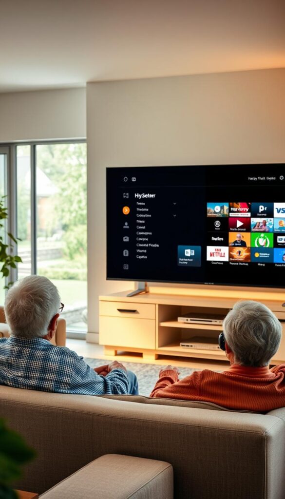 A serene living room with large windows overlooking a peaceful garden. In the foreground, an elderly couple is seated on a comfortable couch, intently focused on a large, high-definition television screen displaying the IPTVANBIETERTV user interface. The interface features intuitive menu options and easy-to-read text, catered specifically for senior viewers. Warm, diffused lighting creates a cozy atmosphere, while a variety of accessibility features such as enlarged icons, voice control, and closed captions are seamlessly integrated. The background showcases a well-appointed, senior-friendly environment with ergonomic furniture and ample space for mobility. An overall sense of comfort, ease, and technology tailored to the needs of the elderly permeates the scene.