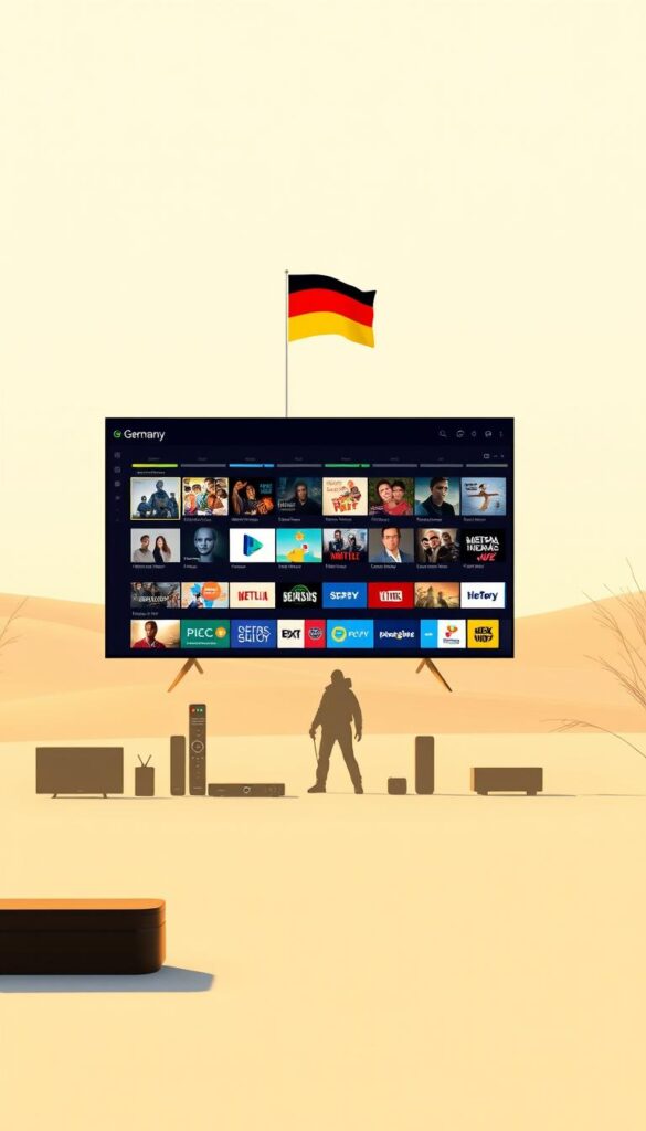 A serene, minimalist digital landscape showcasing the legal IPTV options in Germany. In the foreground, a sleek, modern IPTVANBIETERTV interface displays a diverse array of entertainment content. The middle ground features silhouettes of various streaming devices, hinting at the flexibility of the service. In the background, the German flag unfurls, establishing a sense of national context. The scene is bathed in a warm, golden light, conveying a feeling of legitimacy and trustworthiness. The overall composition is clean and elegant, reflecting the legality and reliability of the IPTV offering.