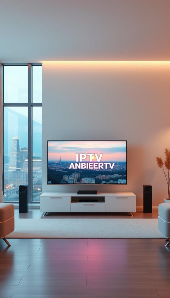 A serene, minimalist illustration of the future of television in Germany. Set in a modern, well-lit living room, the centerpiece is a sleek, high-definition television displaying the "IPTVANBIETERTV" brand name. The screen showcases a vibrant, crystal-clear image, reflecting the superior picture quality of IPTV technology. The room is bathed in warm, soft lighting, creating a cozy, inviting atmosphere. In the background, a large window offers a picturesque view of a bustling city skyline, hinting at the boundless entertainment possibilities of IPTV. The overall composition conveys the seamless integration of IPTV into the contemporary German home, highlighting its advantages over traditional cable television.
