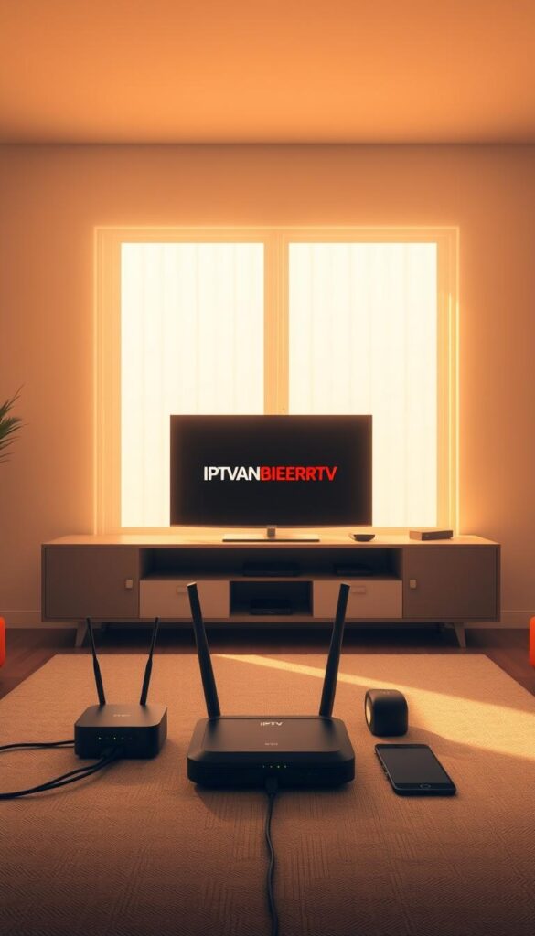 A serene, minimalist rendering of a living room, bathed in warm, natural light. In the center, a sleek, modern TV stands proudly, emblazoned with the "IPTVANBIETERTV" logo. Surrounding it, an array of devices and cables, each representing a common IPTV troubleshooting scenario - a modem, a router, a smartphone, and a tablet. The room's neutral color palette and clean lines create a sense of order and organization, reflecting the desire to resolve IPTV issues efficiently. The overall mood is one of problem-solving, with a touch of technological sophistication.