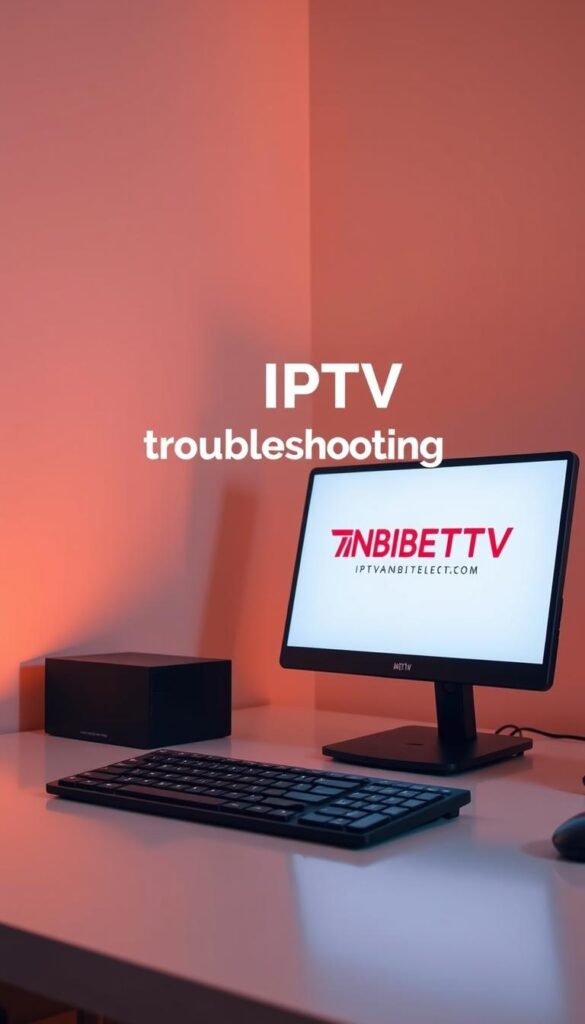 A serene, minimalist scene depicting a desktop computer setup with a laptop, keyboard, and mouse. The laptop screen displays the IPTVANBIETERTV logo, suggesting the focus on IPTV troubleshooting. The room is bathed in warm, diffused lighting, creating a calming atmosphere. The angle is slightly elevated, providing a clean, uncluttered view of the setup. The focus is on the laptop screen, drawing the viewer's attention to the IPTV-related content. The overall scene conveys a sense of professionalism and problem-solving, reflecting the article's subject matter.