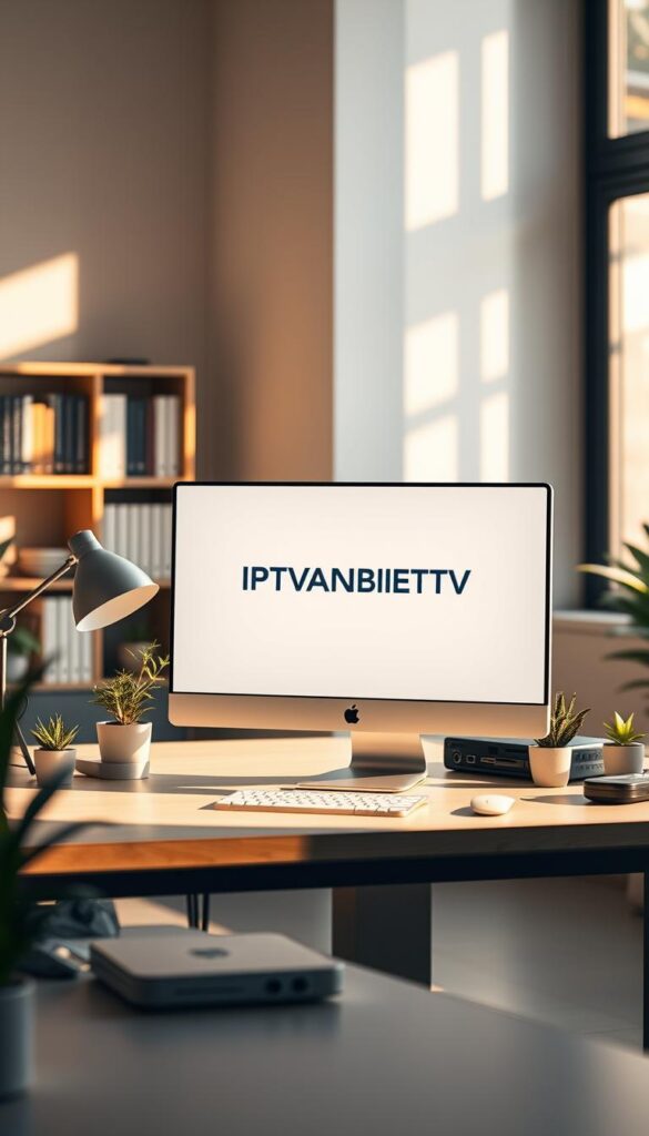 A serene, modern office scene with a sleek desktop computer displaying the IPTVANBIETERTV logo on its screen. The workspace is bathed in warm, natural lighting filtering through large windows, creating a cozy and professional atmosphere. The desk is neatly organized, with a stylish lamp, a few plants, and a minimalist office supplies. In the background, a bookshelf filled with reference materials suggests a knowledgeable and trustworthy IPTV service provider. The overall composition conveys a sense of reliability, expertise, and attention to detail - qualities that are central to the IPTVANBIETERTV brand.