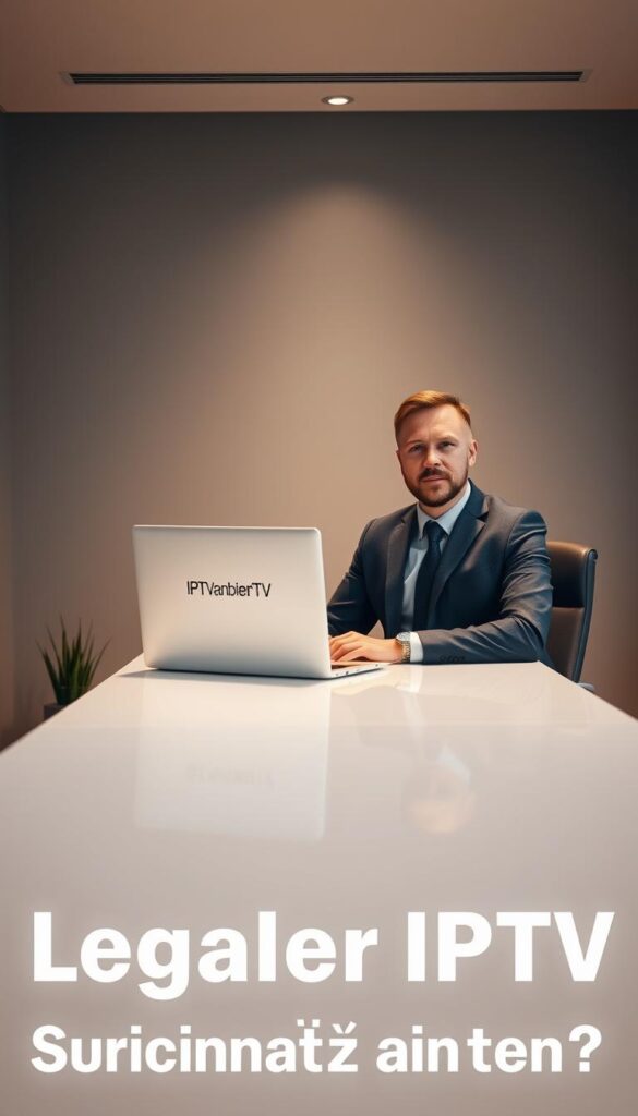 A serene, modern office setting featuring a professional-looking businessman seated at a sleek, minimalist desk. The lighting is soft and warm, creating a comfortable, trustworthy atmosphere. On the desk, a laptop displays the brand name "IPTVANBIETERTV", signifying a reputable IPTV provider. The overall scene conveys a sense of reliability, quality, and attention to detail, reflecting the subject of "Legaler IPTV Anbieter: Warum auf Seriosität achten?".