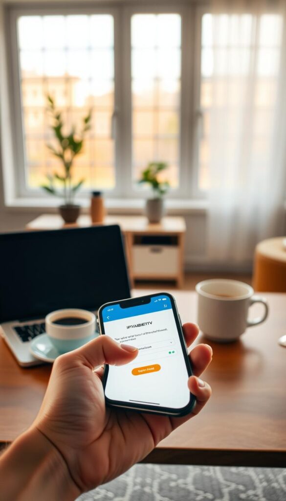 A serene, modern scene depicting secure online payment for an IPTVANBIETERTV subscription in Germany. In the foreground, a hand holds a sleek smartphone, its screen showcasing a seamless digital transaction interface. The middle ground features a minimalist workspace with a laptop, alongside a cup of coffee and a well-organized desk. The background depicts a cozy, warm-toned interior with large windows, allowing natural light to filter in and create a sense of comfort and security. The overall composition conveys a feeling of trust, efficiency, and the reliable, hassle-free nature of the IPTVANBIETERTV payment process.