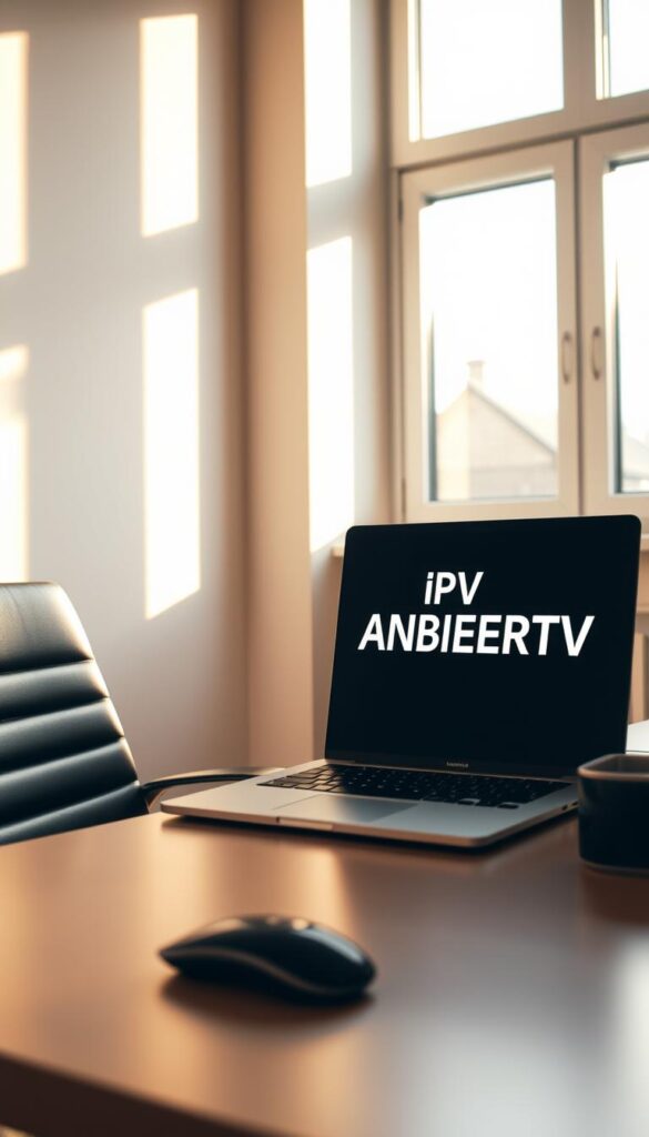 A serene office setting with a desk, chair, and laptop, bathed in warm, natural lighting from a large window. On the laptop screen, the words "IPTVANBIETERTV" are prominently displayed, conveying the legal IPTV offering in Germany. The room is minimalist and professional, reflecting the authoritative and informative nature of the content. The overall atmosphere is one of trustworthiness, reliability, and transparency, inviting the viewer to explore the subject matter further.