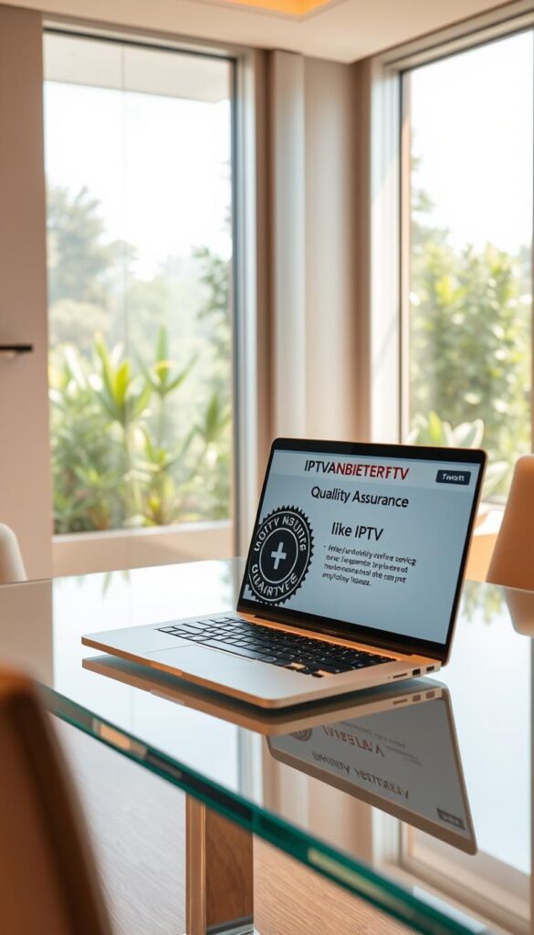 A serene office setting with a modern, minimalist aesthetic. On a sleek glass desk, an IPTVANBIETERTV logo-emblazoned laptop displays a web page showcasing IPTV quality assurance and a money-back guarantee. The scene is bathed in warm, soft lighting, creating a sense of trust and professionalism. In the background, a large window offers a calming view of a lush garden, symbolizing the reliability and security of the IPTV service. The overall composition conveys a message of transparency, customer-centric values, and a commitment to delivering a exceptional IPTV experience.