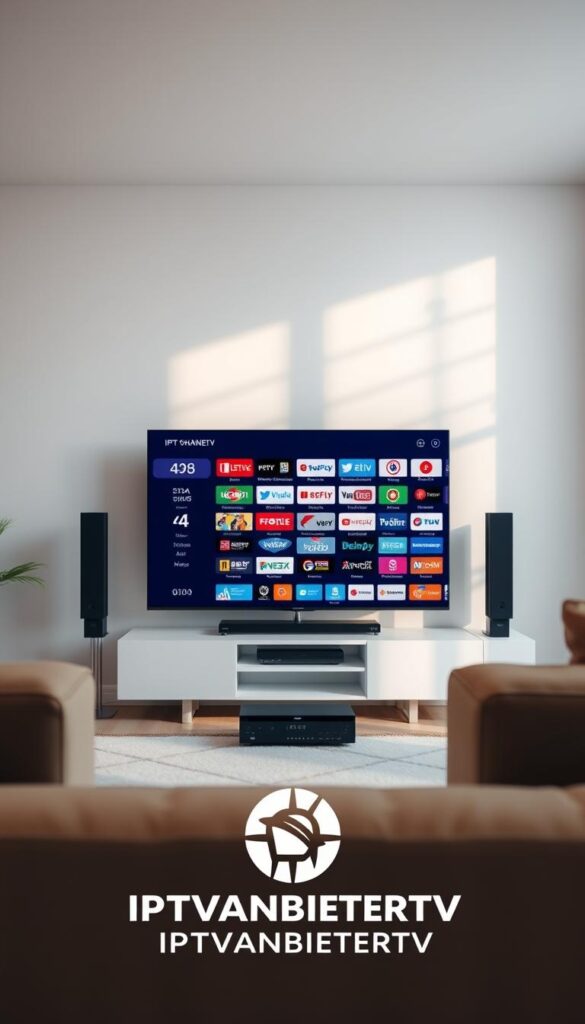 A serene scene of a living room setup, showcasing a modern smart TV displaying a diverse array of international IPTV channels. The TV is flanked by sleek home entertainment components, creating a visually appealing and immersive viewing experience. The room is bathed in a warm, natural light, accentuating the clean, minimalist design. IPTVANBIETERTV's logo is discreetly displayed in the bottom corner, providing a subtle branding element. The overall atmosphere conveys the effortless setup and global connectivity of the IPTV service, inviting the viewer to imagine themselves seamlessly accessing worldwide content.