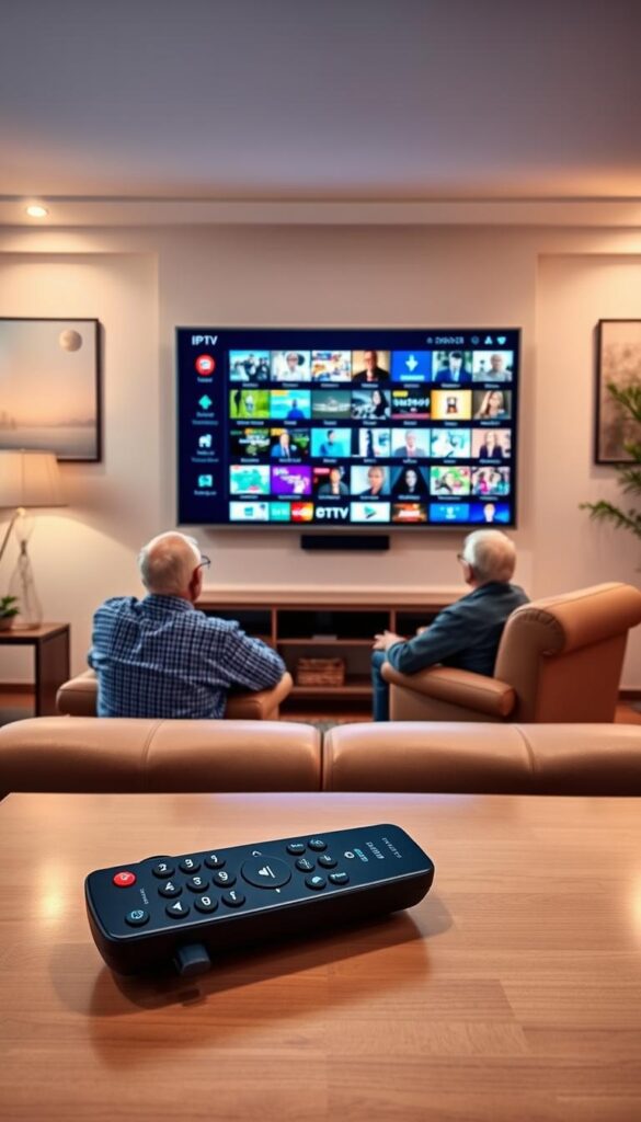 A serene, well-lit living room with a comfortable sofa and armchair. An elderly couple sit contentedly, engaged with a large, modern television screen displaying a diverse array of IPTV channels. The room is tastefully decorated, with warm lighting and a cozy atmosphere, conveying a sense of relaxation and enjoyment. In the foreground, a sleek IPTVANBIETERTV remote control rests on a side table, highlighting the easy-to-use technology that enables the couple's IPTV experience. The overall scene reflects the perfect IPTV solution for seniors, where they can comfortably access a wealth of entertainment and information.