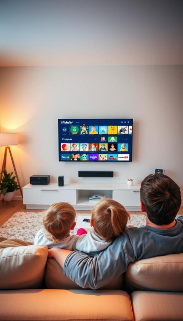A serene, well-lit living room with modern furniture and a large, flat-screen television. On the television screen, a diverse selection of child-friendly content from the IPTVANBIETERTV service is displayed, showcasing a range of vibrant, age-appropriate programming. The room is bathed in soft, warm lighting, creating a cozy and inviting atmosphere. In the foreground, a family of three - a parent and two children - are seated comfortably on the sofa, engrossed in the programming, their expressions filled with joy and wonder. The overall scene conveys a sense of safety, security, and family-friendly entertainment, reflecting the "Kindersicherheit" (child safety) aspect of the IPTV service.