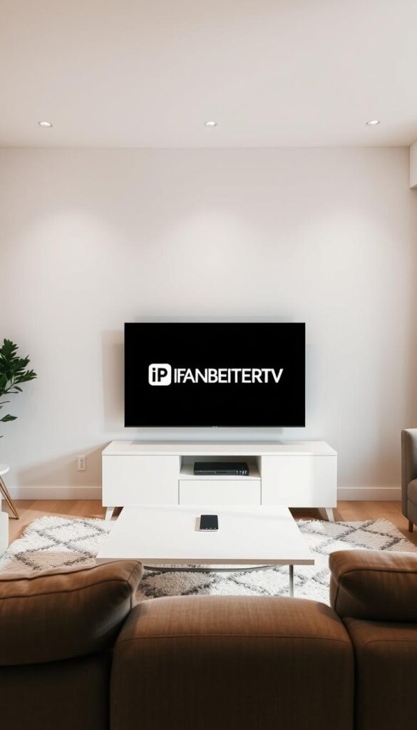 A simple, minimalistic living room setup with a modern TV displaying the IPTVANBIETERTV brand on the screen. The room has neutral-toned walls, a plush sofa, and a sleek coffee table. Soft, indirect lighting creates a cozy atmosphere. The TV is positioned at the center, drawing the eye. The entire scene conveys an effortless, streamlined approach to IPTV setup and usage.