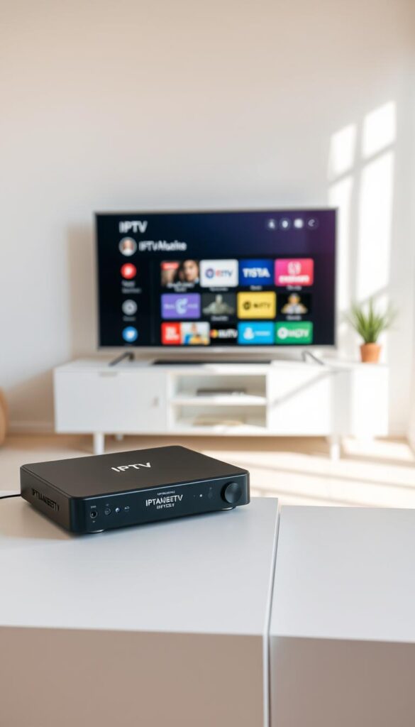 A simple, modern IPTV setup with a sleek, minimalist interface. In the foreground, a high-quality IPTV set-top box branded "IPTVANBIETERTV" sits atop a minimalist entertainment center, surrounded by a clean, airy environment. The middle ground features a contemporary smart TV displaying the IPTV menu, showcasing the intuitive and user-friendly experience. The background is a bright, sunlit room with neutral-toned walls, creating a calming and inviting atmosphere. The lighting is soft and natural, highlighting the simplicity and ease of the IPTV installation and setup.