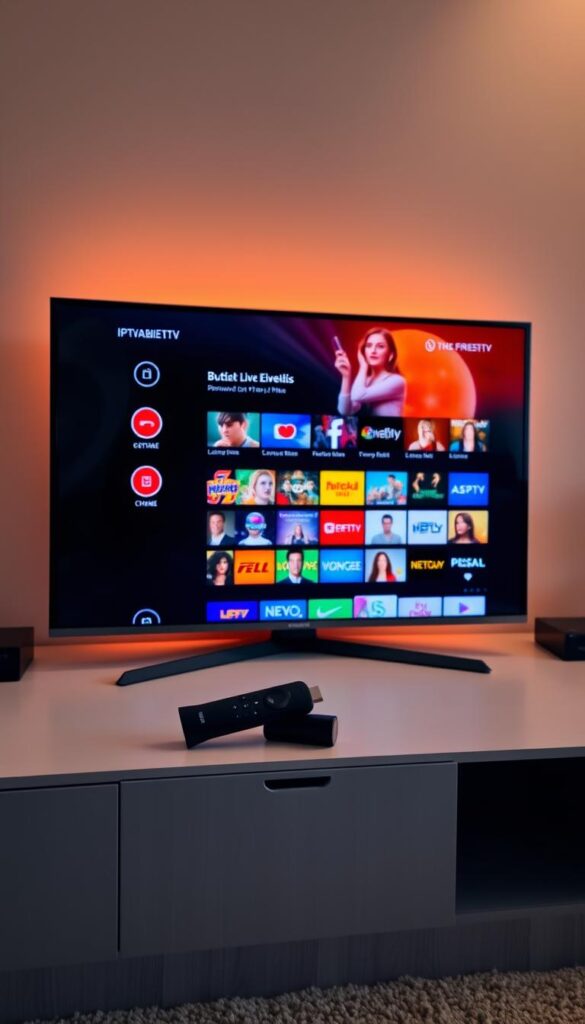 A sleek Amazon Firestick set up, displaying a vibrant IPTVANBIETERTV interface. The device is nestled on a modern, minimalist entertainment center, bathed in warm, atmospheric lighting. The screen showcases a diverse array of live TV channels, seamlessly integrated for a premium IPTV experience. The layout is clean and intuitive, inviting the user to effortlessly navigate through a vast library of content. The overall scene conveys a sense of technological sophistication and the convenience of cutting-edge IPTV services on the Firestick platform.