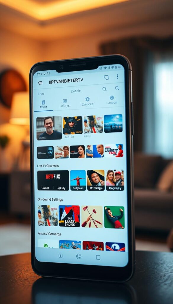 A sleek Android smartphone displaying the IPTVANBIETERTV user interface, showcasing a vibrant and intuitive IPTV platform. The screen depicts a curated selection of live TV channels, on-demand content, and customizable settings, all presented in a clean, modern aesthetic. The device is positioned against a blurred background of a cozy living room, with warm lighting and muted tones creating a relaxed, immersive atmosphere. The overall scene conveys the ease and convenience of setting up and enjoying IPTV on an Android device.