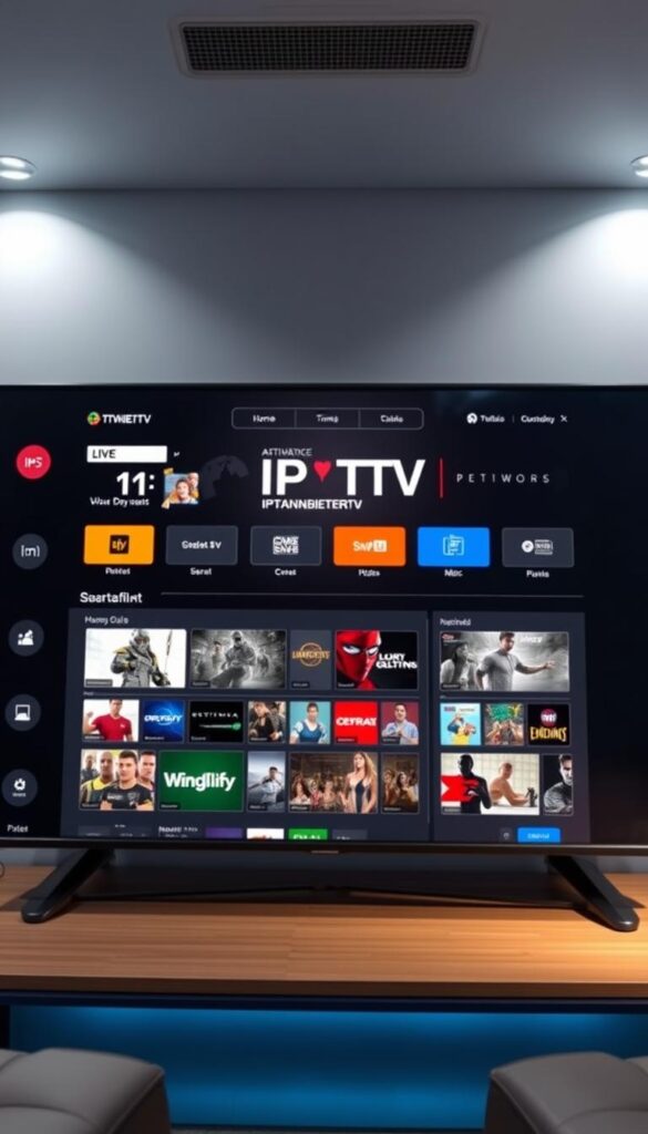 A sleek and intuitive IPTV-Service interface, showcasing the "IPTVANBIETERTV" brand. A centralized dashboard presents a comprehensive guide to live TV channels, on-demand content, and personalized recommendations. Crisp, high-definition visuals fill the screen, with a clean, modern layout and intuitive navigation. Smooth transitions between sections create a seamless user experience, while subtle lighting and camera angles highlight the interface's elegance. The overall atmosphere conveys a sense of professionalism and cutting-edge technology, inviting the user to effortlessly explore the vast IPTV ecosystem.