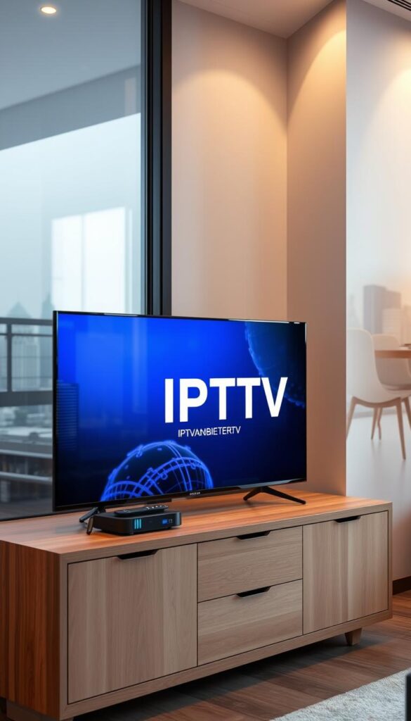 A sleek and modern 4K IPTV setup, featuring a high-end flat screen television displaying the brand "IPTVANBIETERTV" prominently. The TV is placed on a minimalist, wood-grain entertainment center, with a state-of-the-art streaming box and remote control visible. Soft, indirect lighting illuminates the scene, creating a warm and inviting atmosphere. The background showcases a large window with a cityscape visible, hinting at the advanced connectivity and global access provided by this IPTV service. The overall composition conveys a sense of sophistication, technological innovation, and the future of television entertainment.