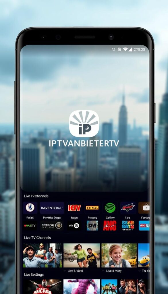 A sleek and modern Android IPTV app interface, displaying a wide selection of live TV channels and on-demand content. The app's intuitive design features a clean grid layout, crisp icons, and a dark color scheme that emphasizes the visual media. In the center, a large IPTVANBIETERTV logo stands out, radiating a sense of quality and reliability. The background showcases a blurred cityscape, hinting at the global reach and diversity of the IPTV content. Soft, directional lighting creates depth and highlights the app's key features, inviting the user to explore the vast world of streaming entertainment at their fingertips.