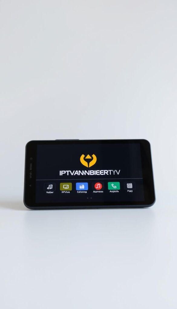 A sleek and modern Android device displaying the IPTVANBIETERTV logo, showcasing the benefits of IPTV on the screen. The device is set against a clean, minimalist background with subtle lighting to highlight the high-quality display and user interface. The scene conveys a sense of ease and efficiency, reflecting the advantages of IPTV for Android users. The composition emphasizes the device's portability and versatility, making it an attractive option for those seeking a comprehensive IPTV solution.