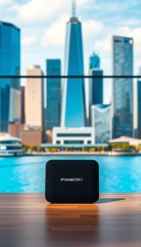 A sleek and modern Android-powered IPTV device stands prominently on a minimalist wooden table, its elegant design and crisp display reflecting the high-quality entertainment experience of IPTV Deutschland. In the background, a vibrant city skyline with towering skyscrapers and a serene blue sky create a dynamic urban atmosphere. Soft, directional lighting illuminates the device, showcasing its sharp details and the IPTVANBIETERTV branding. The overall scene conveys the convenience, affordability, and versatility of IPTV Deutschland Android, tailored for the modern, tech-savvy user.