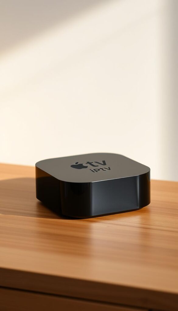 A sleek and modern Apple TV IPTV box, its glossy black exterior catching the light in a warm, inviting way. The device sits atop a minimalist wooden surface, its clean lines and compact design speaking to its versatility. The background is softly blurred, drawing the eye to the product itself, which is captured from a slightly elevated angle to showcase its elegant form. The lighting is subtle and natural, casting gentle shadows that accentuate the box's smooth curves. The overall mood is one of simplicity, functionality, and the seamless integration of technology into the home environment. The IPTVANBIETERTV logo is discreetly displayed on the side of the device.