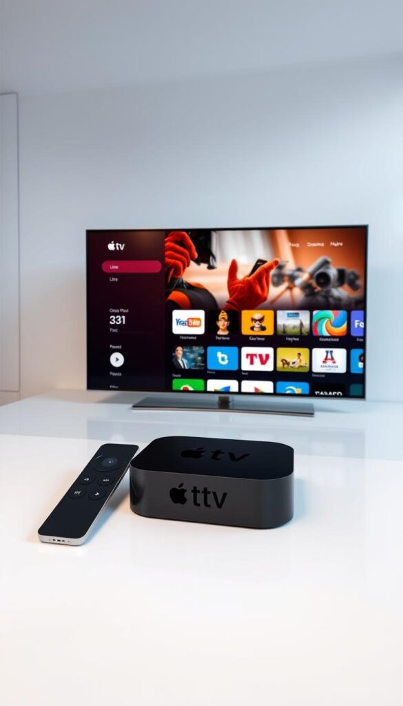 A sleek and modern Apple TV device displayed prominently, showcasing the IPTVANBIETERTV IPTV service interface. The screen displays a diverse selection of live TV channels, on-demand content, and streaming apps, reflecting the comprehensive IPTV package. The Apple TV remote is visible, emphasizing the seamless integration and control. The background features a minimalist, high-tech setting with clean lines and neutral tones, creating a sophisticated and visually appealing atmosphere. Soft, directional lighting accentuates the device's elegant design and the vibrant, high-quality imagery on the screen.