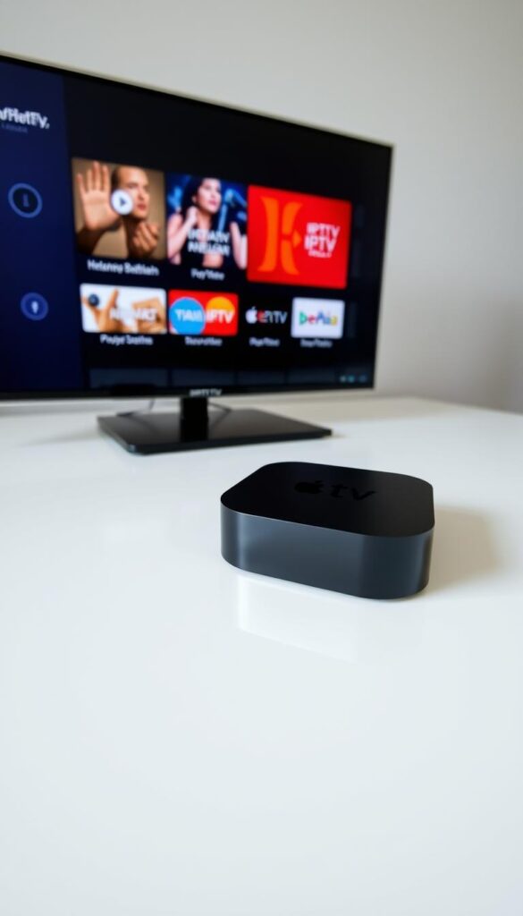 A sleek and modern Apple TV device prominently displayed, showcasing a range of IPTV apps on its user interface. The apps are arranged neatly, highlighting the IPTVANBIETERTV brand logo. The device is set against a minimalist, well-lit background, emphasizing the clean and streamlined design. The scene conveys a sense of sophistication and user-friendly technology, perfectly suited for the "IPTV Deutschland Apple TV: Installation und Einrichtung" section of the article.