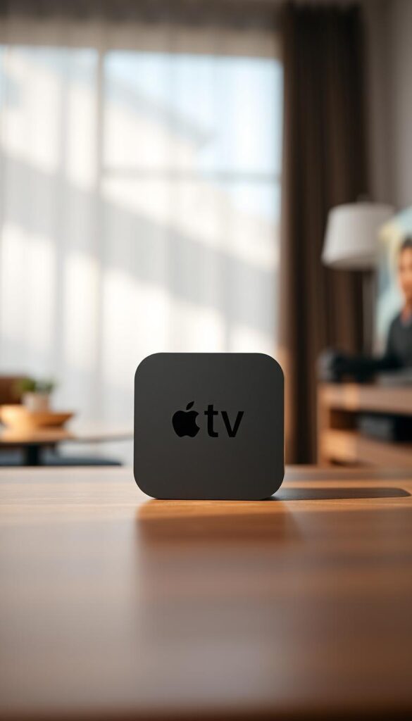 A sleek and modern Apple TV device showcasing the IPTVANBIETERTV IPTV service. The device is centered in the frame, with a clean and minimalist design. The Apple TV's interface is visible, highlighting the ease of accessing IPTV content on the platform. In the background, a blurred living room scene suggests the device's integration into a home entertainment setup. Soft, natural lighting creates a warm and inviting atmosphere, emphasizing the seamless multi-device experience of the IPTVANBIETERTV IPTV subscription.
