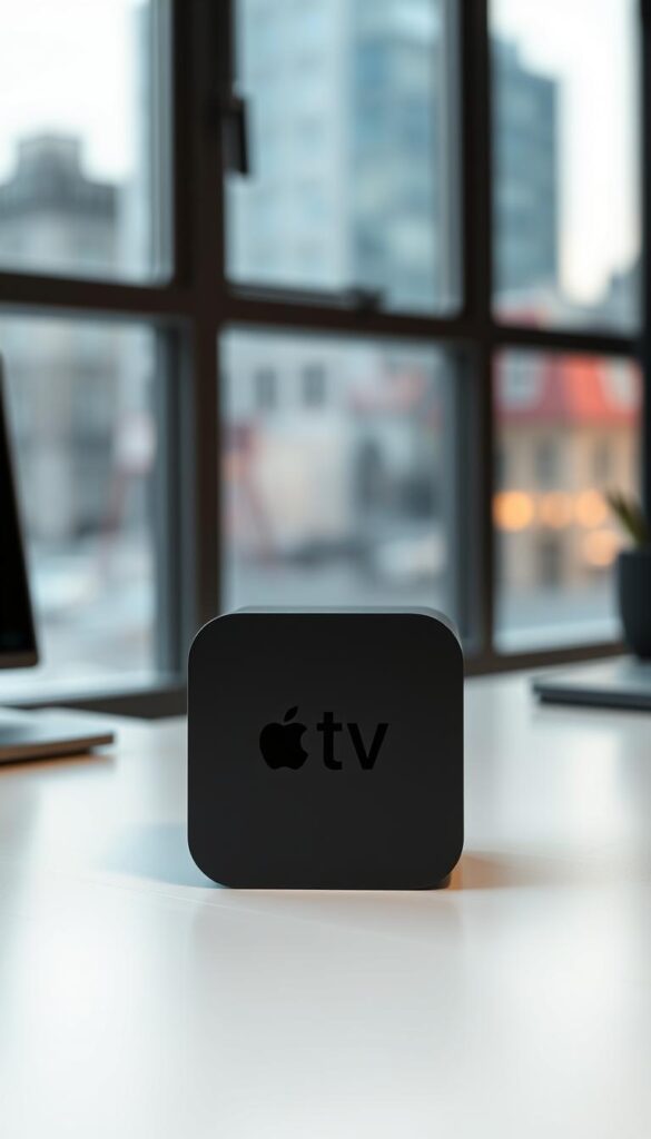 A sleek and modern Apple TV device, showcasing the IPTVANBIETERTV brand prominently in the foreground. The device is positioned on a clean, minimalist desk, with a blurred cityscape visible through a window in the background, conveying a sense of urban sophistication. The lighting is soft and directional, creating depth and highlighting the device's elegant design. The composition is balanced and visually appealing, emphasizing the IPTVANBIETERTV brand as the focal point of the image.