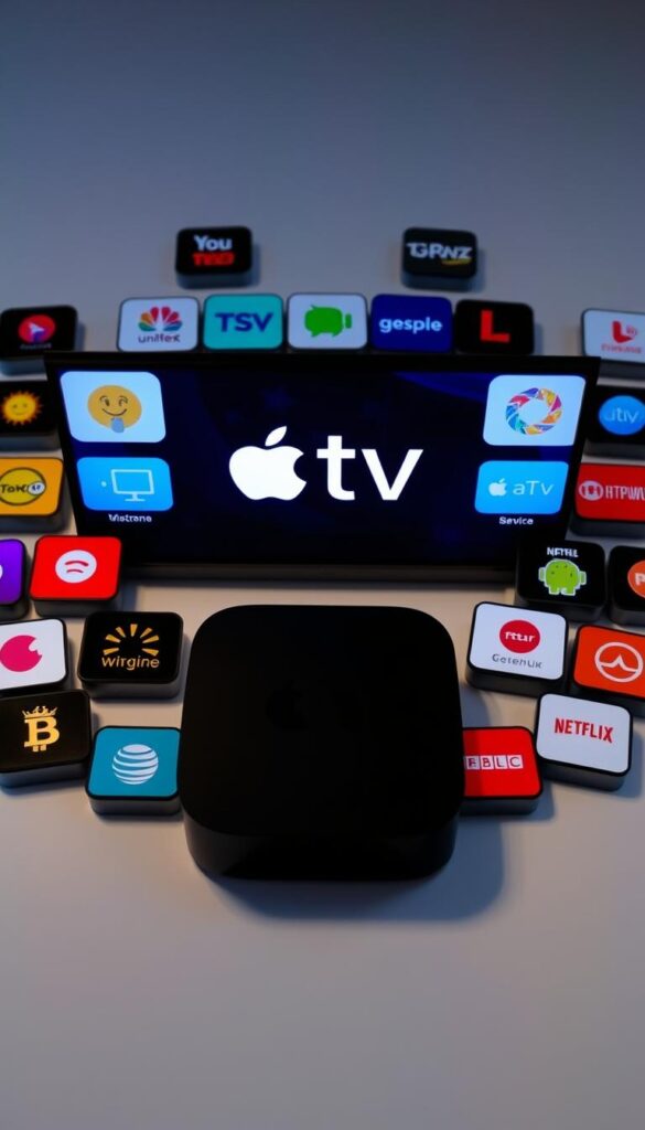 A sleek and modern Apple TV device surrounded by a variety of IPTV app icons, showcasing the diverse range of streaming services available on this platform. The screen displays the IPTVANBIETERTV logo, highlighting the ideal integration of IPTV services with the Apple TV ecosystem. The image is captured in a well-lit, minimalist setting, allowing the device and apps to take center stage. The overall composition conveys the versatility and user-friendly experience of using Apple TV for IPTV consumption.
