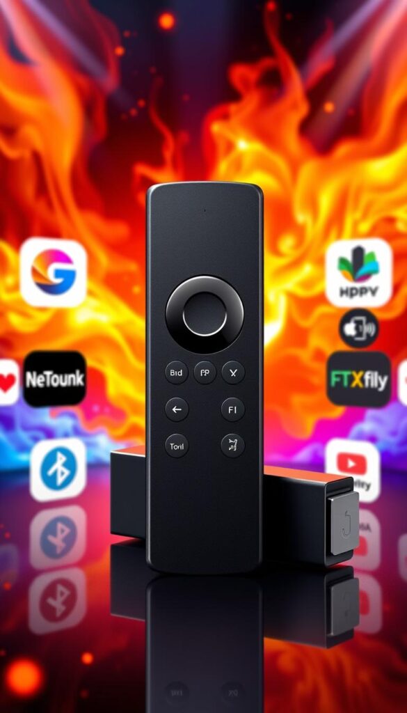 A sleek and modern Firestick device prominently displayed, surrounded by various streaming platform logos and remote controls, all set against a dynamic, vibrant background featuring bold, fiery colors and energetic lighting effects. The Firestick is the central focus, showcasing its advanced capabilities and compatibility with the IPTVANBIETERTV service, emphasizing the seamless integration and multi-device support. The overall composition is visually striking, capturing the essence of a premium IPTV experience tailored for the Firestick platform.