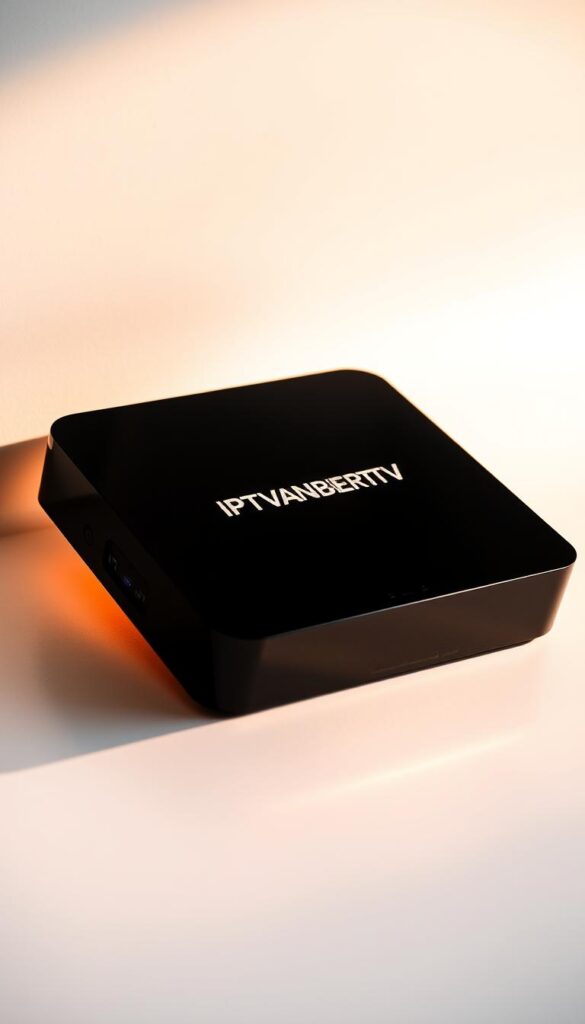 A sleek and modern IPTV-Box set against a minimalist backdrop, its streamlined design and intuitive interface capturing the essence of a seamless streaming experience. The device rests atop a clean, white surface, casting subtle shadows that accentuate its angular form. Warm, directional lighting illuminates the IPTVANBIETERTV logo, drawing the eye to the premium quality and attention to detail. The overall composition exudes a sense of sophistication and technological prowess, perfectly suited to illustrate the "Die besten IPTV-Boxen für optimale Nutzung" section of the article.