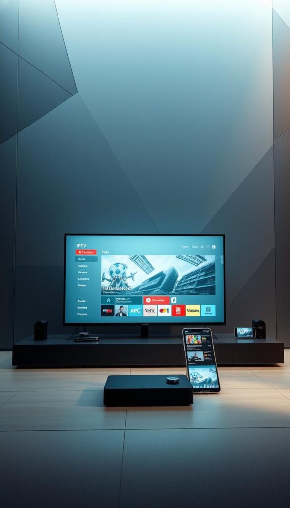 A sleek and modern IPTV Deutschland multi-screen display, showcasing a seamless integration of cutting-edge technology. The foreground features a large, high-resolution screen with a clean, minimalist interface, displaying various content options. The middle ground includes a range of connected devices, such as tablets and smartphones, reflecting the multi-screen capabilities of the IPTV service. The background depicts a sophisticated, futuristic setting with abstract geometric patterns and subtle lighting, highlighting the innovative and advanced nature of IPTVANBIETERTV. The overall composition conveys a sense of sophistication, efficiency, and the future of television viewing.